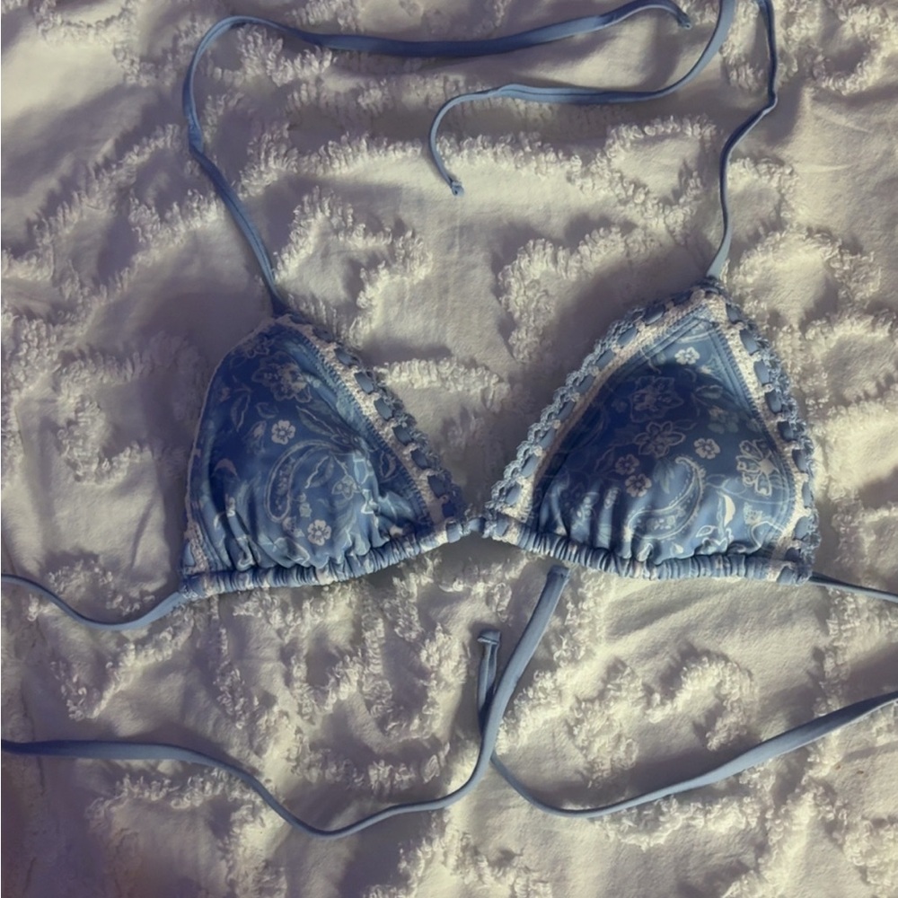 Floral Lace Trim Blue Bathing suit top